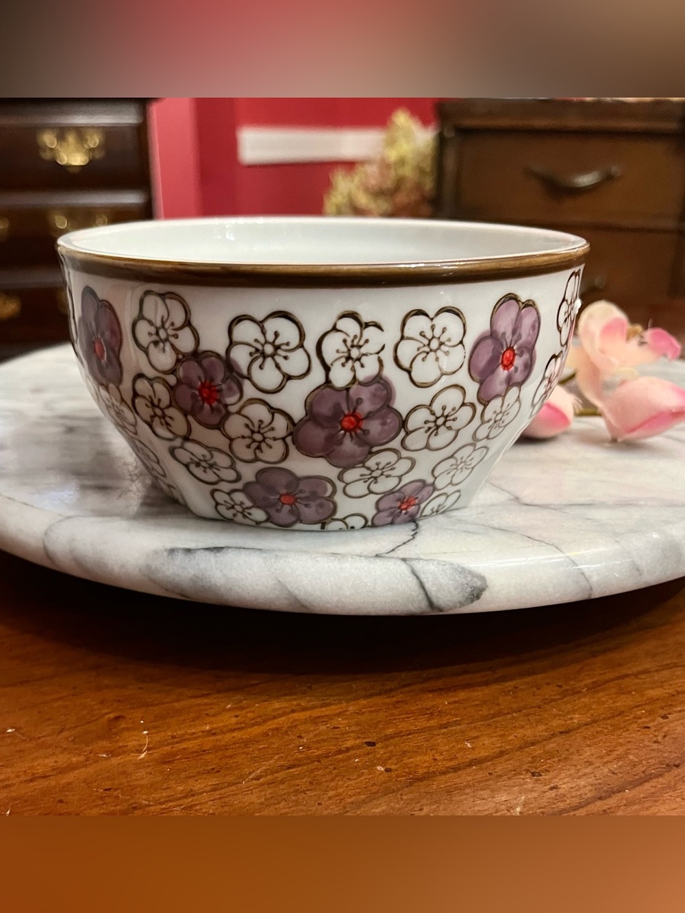 Yokohama Studio Japan Hand Painted Textured Floral Purple Blossom Ceramic Bowl
